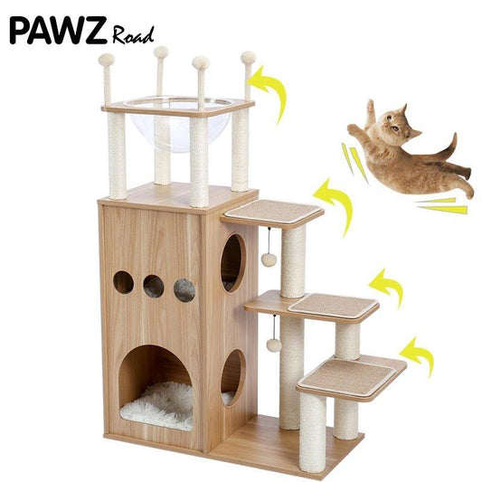 Fast Delivery Pet Cat Tree House Tower Condo Wood Cat Scratching Sisal-Covered Scratch Posts Pads with Play Ball for Cats Kitten - Pampered Pets