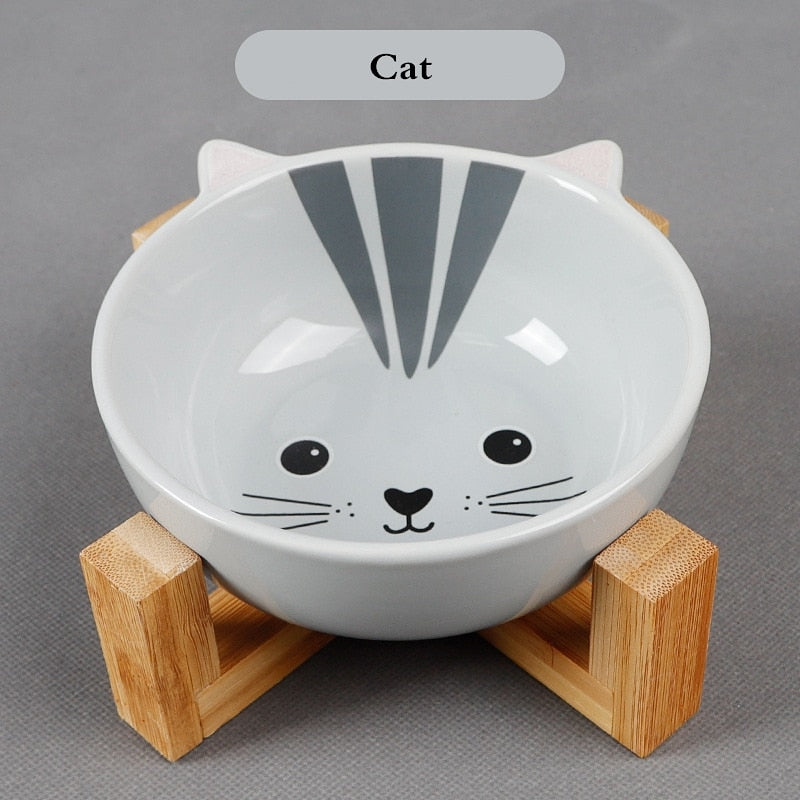 Pets Bowl Dog Cat Food Water Feeder Puppy Ceramic Drinking Dish Bowl With Wooden Rack Pet Cat Tableware - Pampered Pets