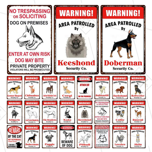 Akita Corgi Dog Breed Metal Sign Beware Of The Dog Warning Sign Pet Shop Wall Decoration Family Doorplate Vintage Tin Plaque