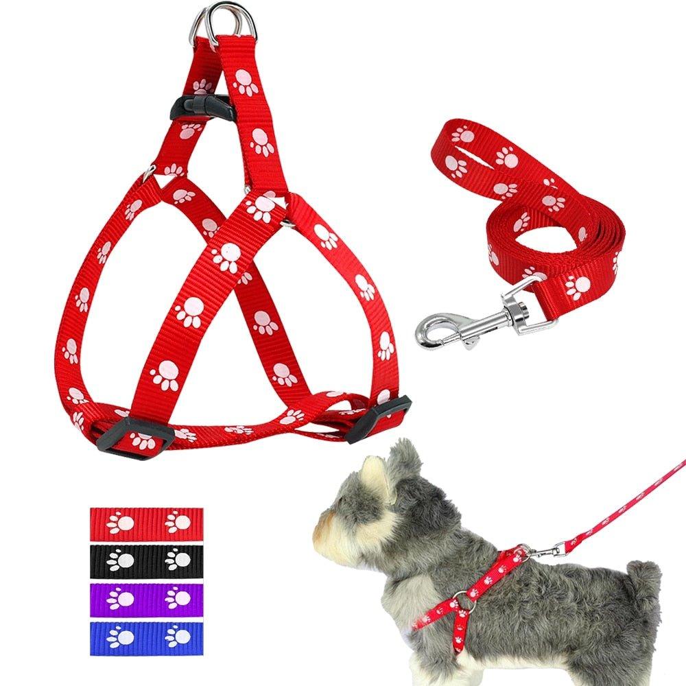 Nylon Dog Harness and Leash Set Adjustable Paw Print Dog Harness Walking Leash Strap for Small Medium Dogs S/M/L - Pampered Pets