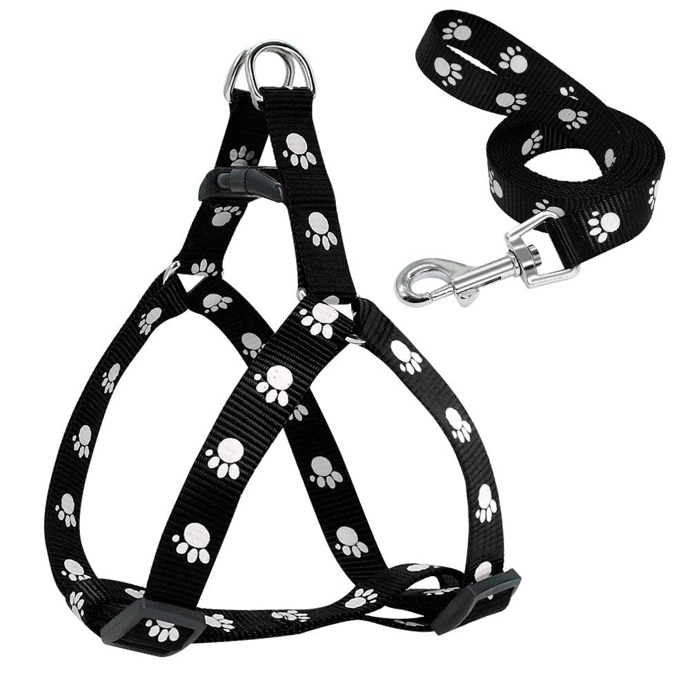 Nylon Dog Harness and Leash Set Adjustable Paw Print Dog Harness Walking Leash Strap for Small Medium Dogs S/M/L - Pampered Pets