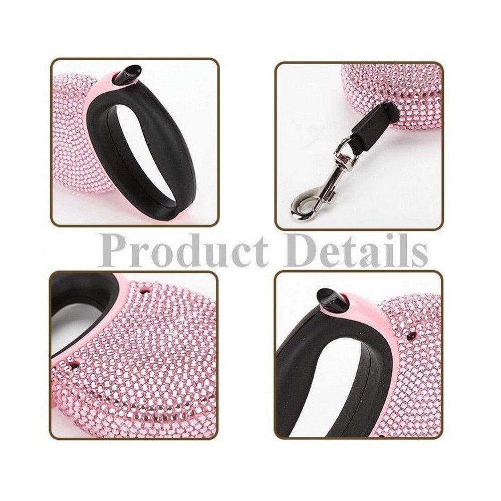 Pet Retractable Leash With Rhinestone Bling Crystal Cat Puppy Dog Lead Pink Blue 3M Flat Line Drop Shipping - Pampered Pets