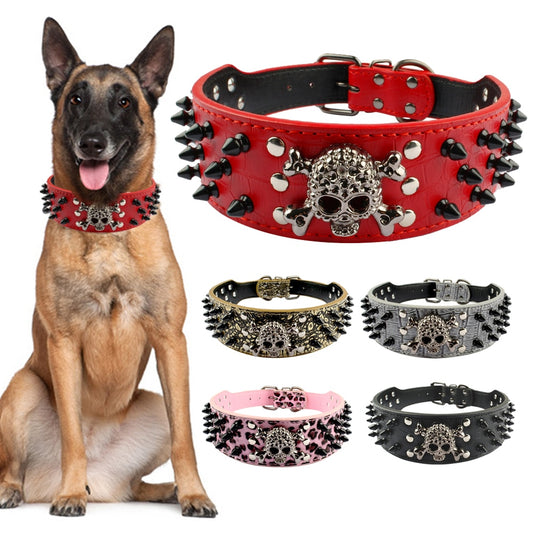 2" Wide Spiked Studded Leather Dog Collar Bullet Rivets With Cool Skull Pet Accessories For Meduim Large Dogs Pitbull Boxer S-XL - Pampered Pets