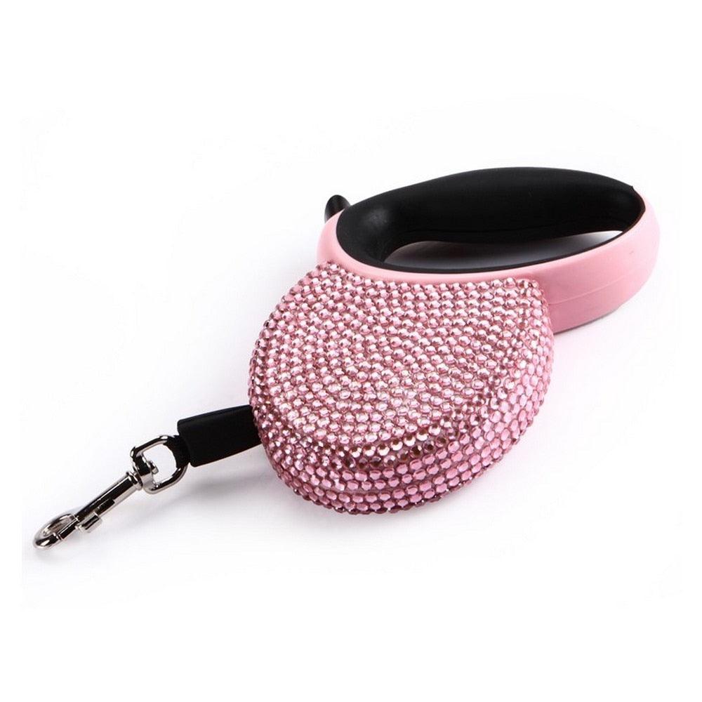 Pet Retractable Leash With Rhinestone Bling Crystal Cat Puppy Dog Lead Pink Blue 3M Flat Line Drop Shipping - Pampered Pets