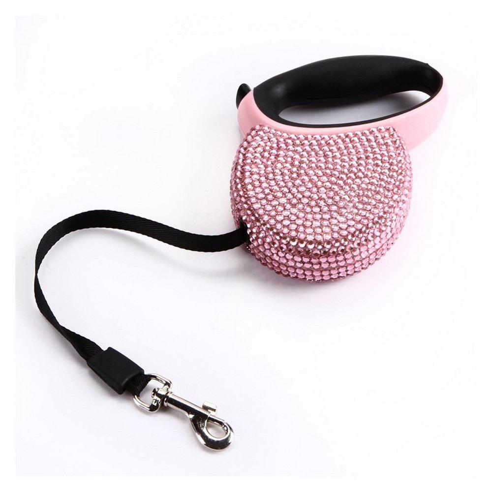 Pet Retractable Leash With Rhinestone Bling Crystal Cat Puppy Dog Lead Pink Blue 3M Flat Line Drop Shipping - Pampered Pets