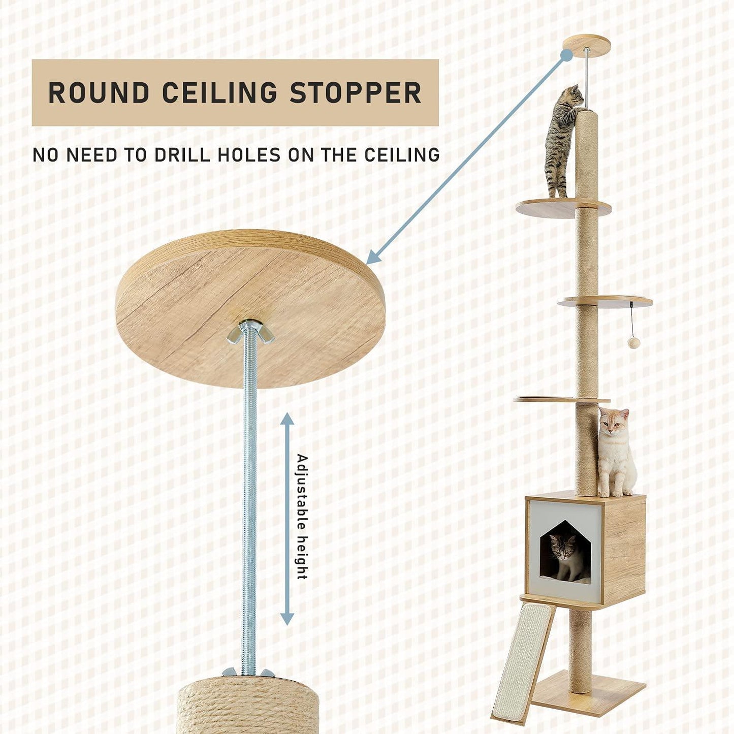 Four Tier Floor-to-Ceiling Cat Tree + Scratching Post Toy- 94.5-102.4 in Modern Cat Climbing Tower with a Scratcher Beige - Pampered Pets