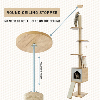 Four Tier Floor-to-Ceiling Cat Tree + Scratching Post Toy- 94.5-102.4 in Modern Cat Climbing Tower with a Scratcher Beige - Pampered Pets