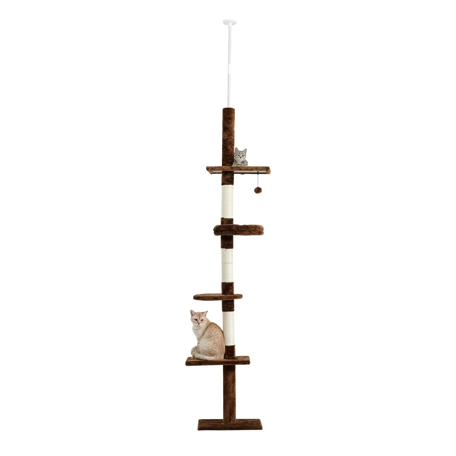 Four Tier Floor-to-Ceiling Cat Tree + Scratching Post Toy- 94.5-102.4 in Modern Cat Climbing Tower with a Scratcher Beige - Pampered Pets