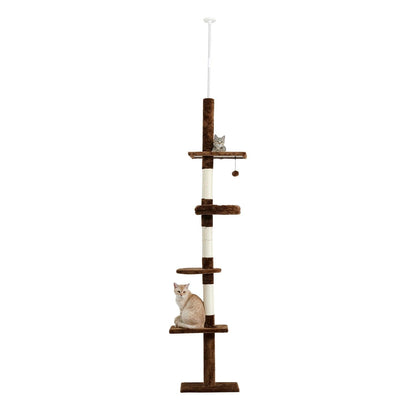 Four Tier Floor-to-Ceiling Cat Tree + Scratching Post Toy- 94.5-102.4 in Modern Cat Climbing Tower with a Scratcher Beige - Pampered Pets