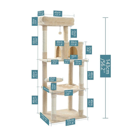 Cat Tree Towel Scratching Sisal Post Multi-Level Pet Climbing Tree with Hammock Bed Cat Ladder Extra Large Perch with Toy Ball - Pampered Pets