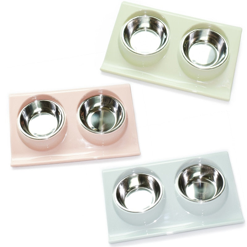 Pet Double Bowl Food Feeder Stainless Steel Cat Food Bowl Splash-proof Food Slope Plastic Non-slip Pet Dog Bowl Pet Supplies | Pampered Pets