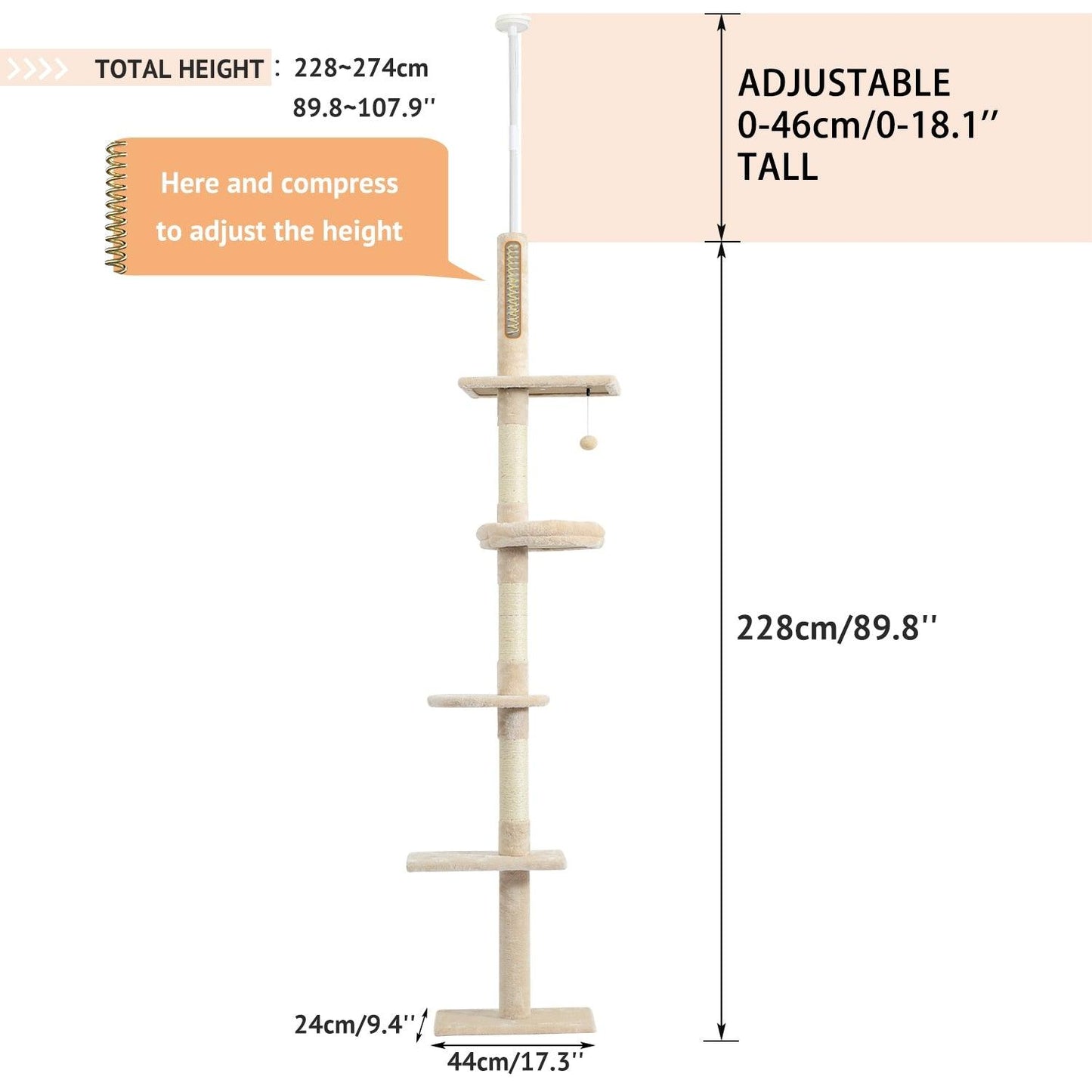 Four Tier Floor-to-Ceiling Cat Tree + Scratching Post Toy- 94.5-102.4 in Modern Cat Climbing Tower with a Scratcher Beige - Pampered Pets