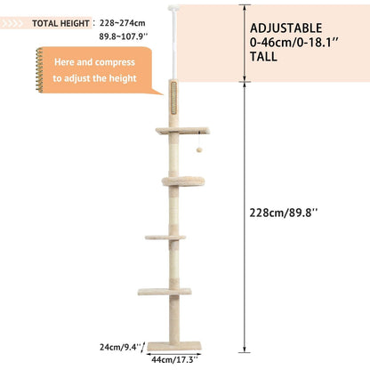 Four Tier Floor-to-Ceiling Cat Tree + Scratching Post Toy- 94.5-102.4 in Modern Cat Climbing Tower with a Scratcher Beige - Pampered Pets