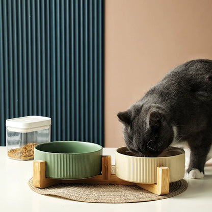 Black Ceramic Cat Dog Water Bowl Pet Bowl One Easy to Clean Wooden Rack Double Bowl Cat Food Holder Anti-Tumble Drinking Water