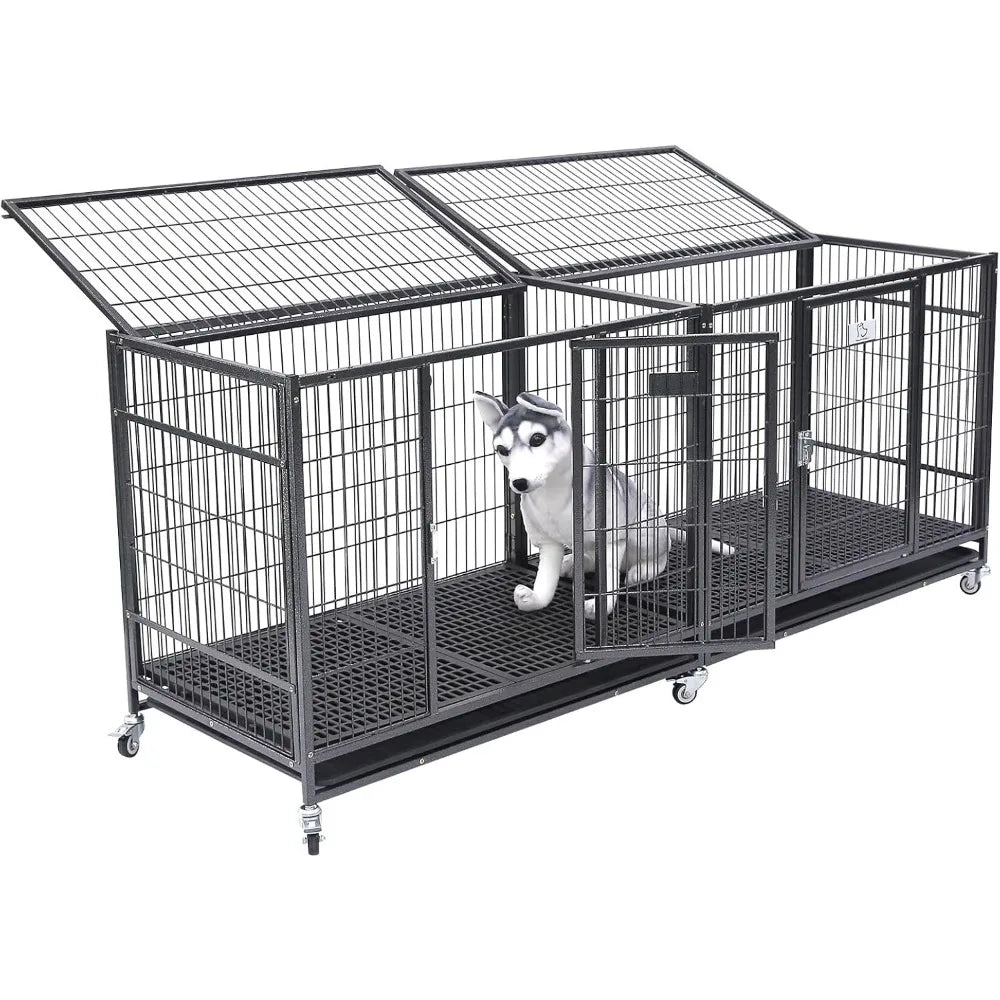 37 Inch Stackable Open Top Heavy Duty Dog Crate Cage for Medium Dog with Wheels and Removable Tray Easy Cleaning