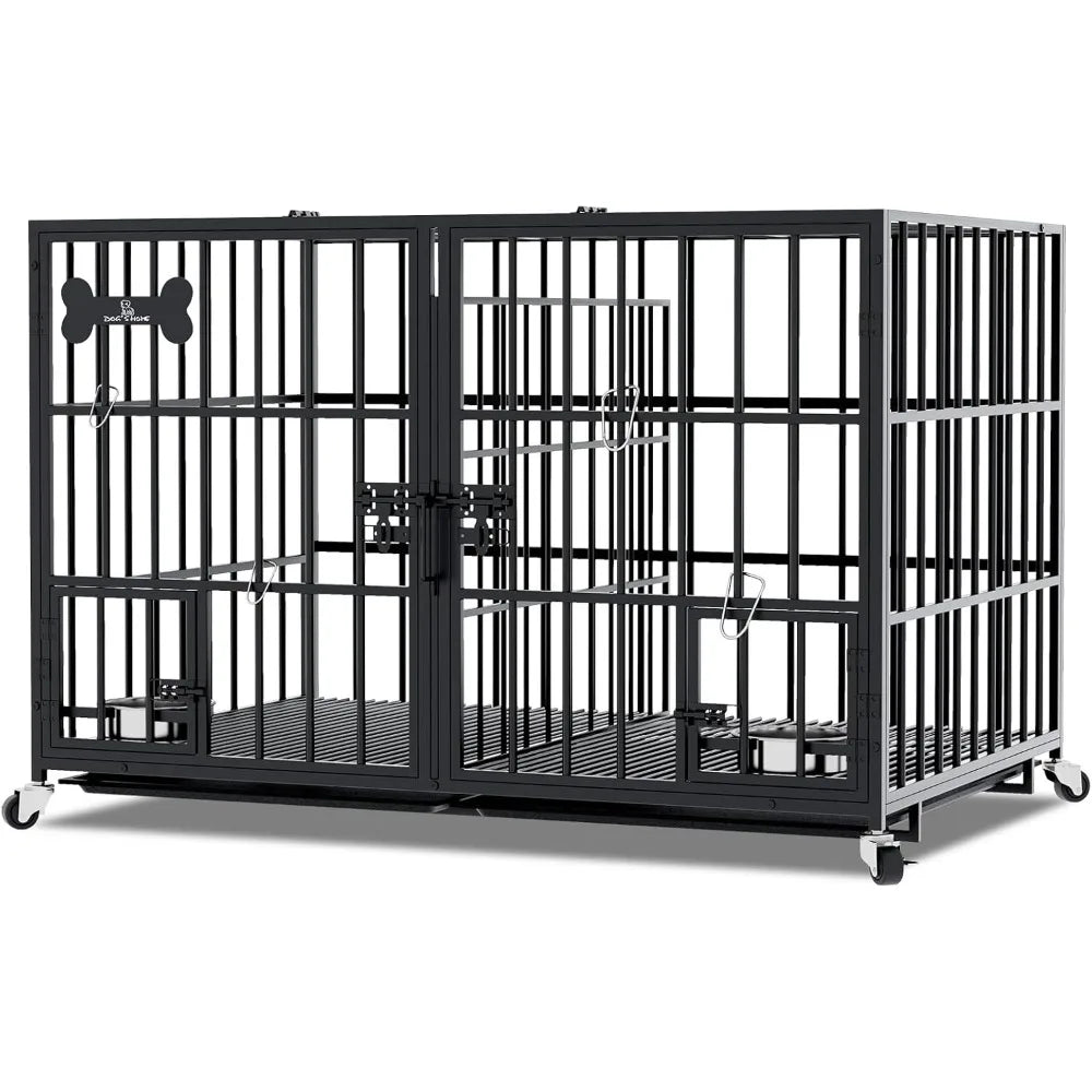 42 Inch Heavy Duty Metal Dog Crate for 2 Large Dog,All Metal Open Top Stackable,Dog Kennel Indoor with Divider and Feeding Bowl