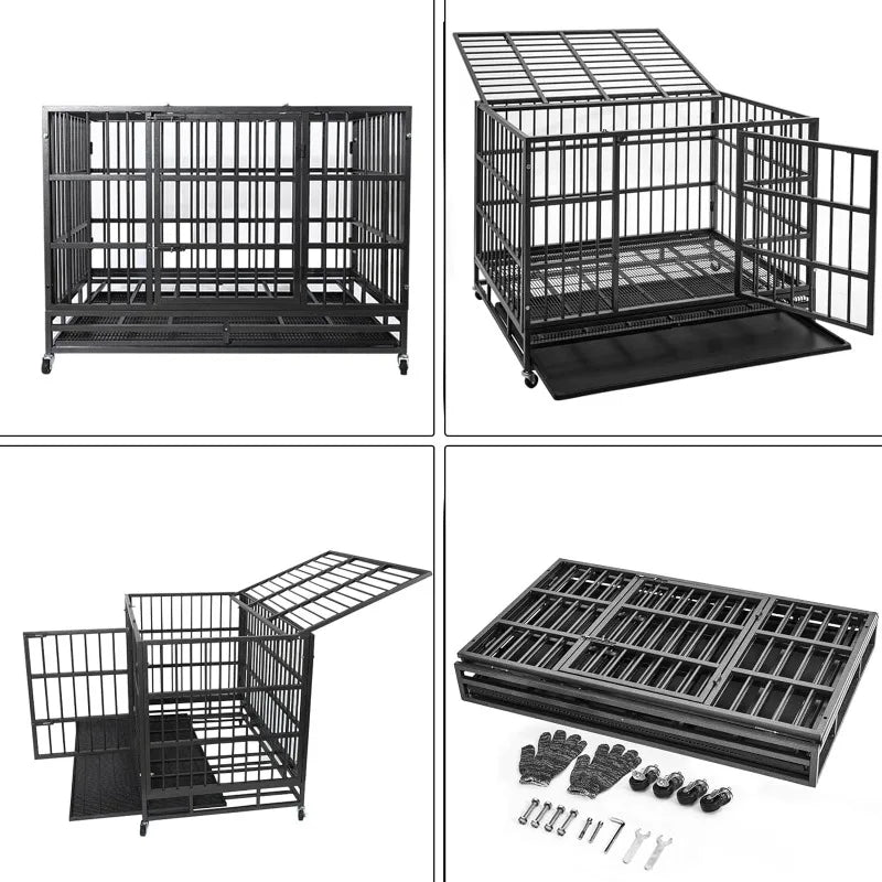 48/38 Inch Heavy Duty Dog Crate Cage Kennel with Wheels, High Indestructible, Sturdy Locks Design,Double Door and Removable Tray