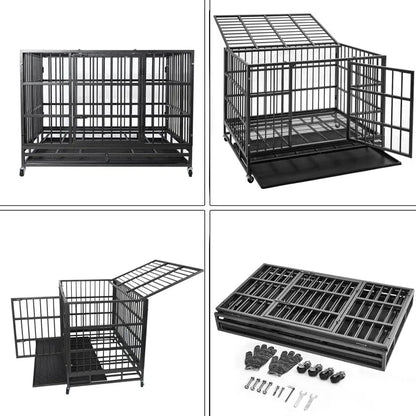 48/38 Inch Heavy Duty Dog Crate Cage Kennel with Wheels, High Indestructible, Sturdy Locks Design,Double Door and Removable Tray