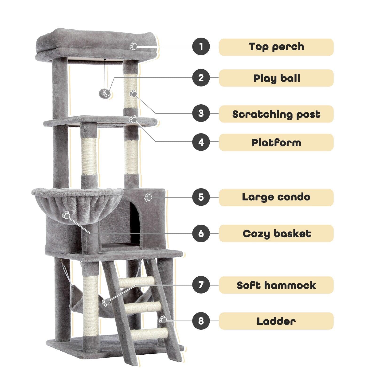 Cat Tree Towel Scratching Sisal Post Multi-Level Pet Climbing Tree with Hammock Bed Cat Ladder Extra Large Perch with Toy Ball - Pampered Pets