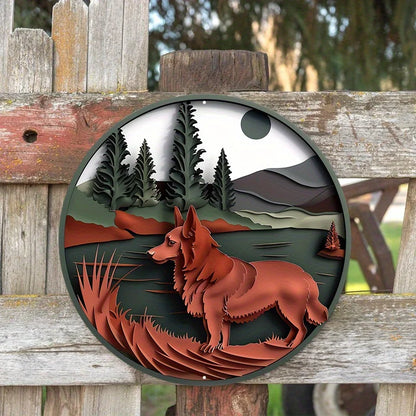 2D Flat Print, Pet Dog Themed Wreath Sign, Round Aluminum Metal Decor Sign, for Home, Apartmen, Wall Decoration, Holiday Gift