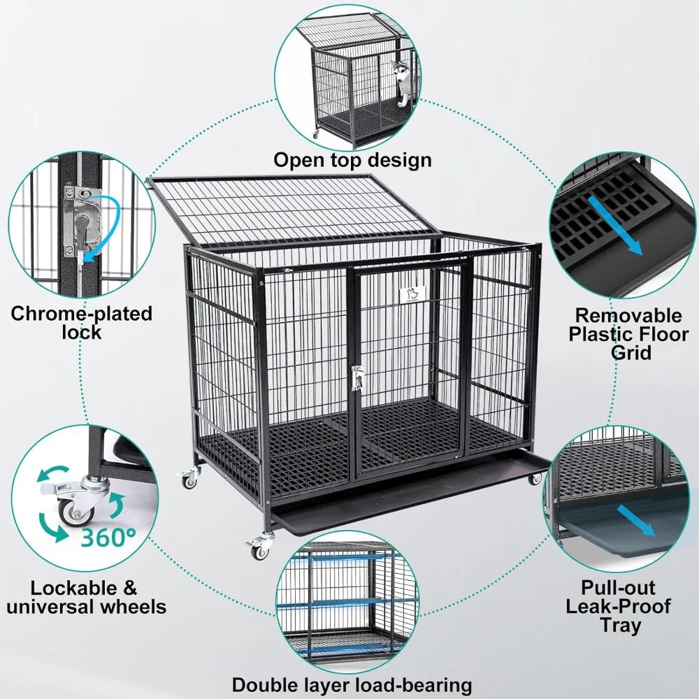 37 Inch Stackable Open Top Heavy Duty Dog Crate Cage for Medium Dog with Wheels and Removable Tray Easy Cleaning