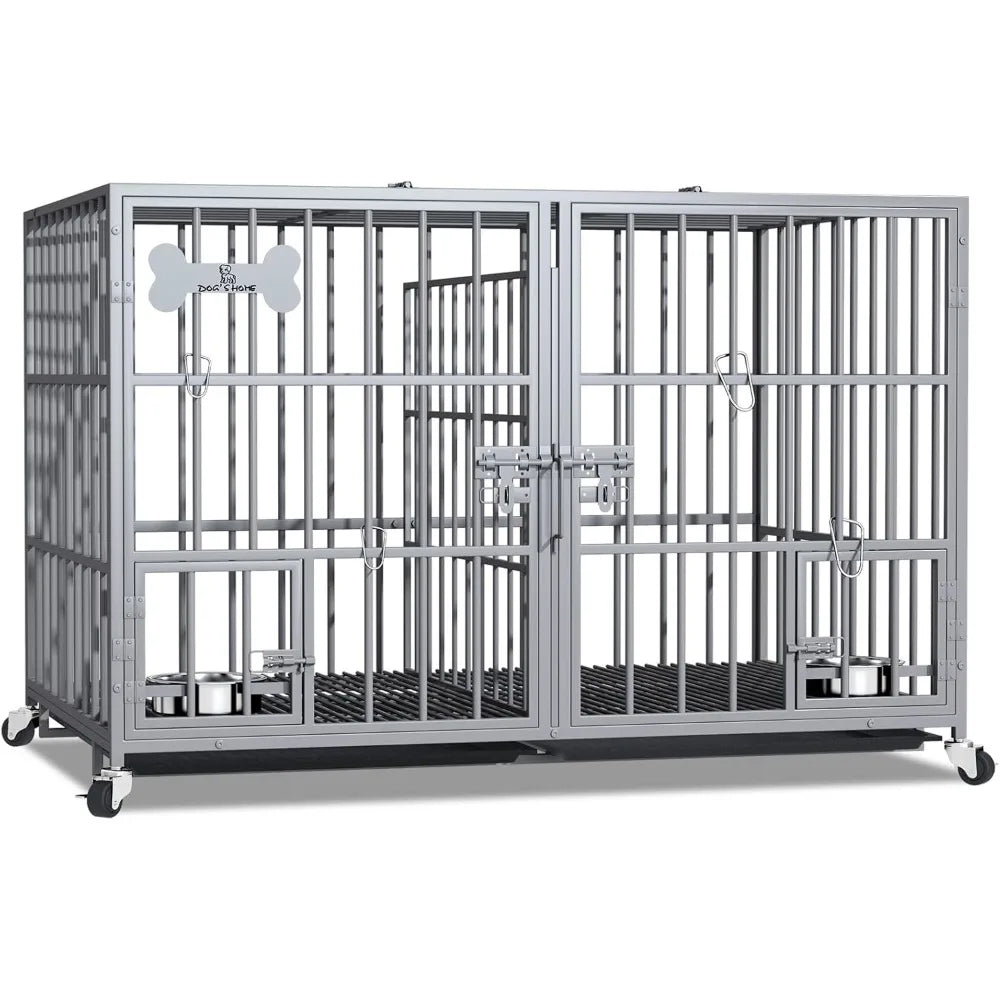 42 Inch Heavy Duty Metal Dog Crate for 2 Large Dog,All Metal Open Top Stackable,Dog Kennel Indoor with Divider and Feeding Bowl