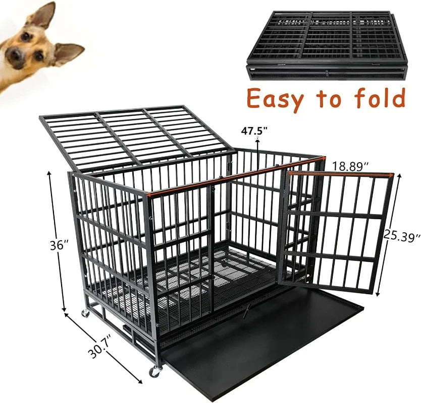 48/38 Inch Heavy Duty Dog Crate Cage Kennel with Wheels, High Indestructible, Sturdy Locks Design,Double Door and Removable Tray