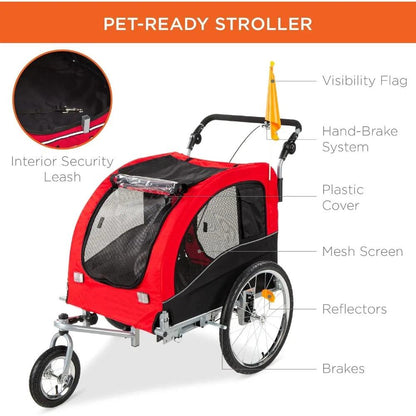 2-in-1 Dog Bike Trailer, Pet Stroller Bicycle Carrier w/Hitch, Suspension, Visibility Flag and Reflectors, 66lb Weight Capacity - Pampered Pets