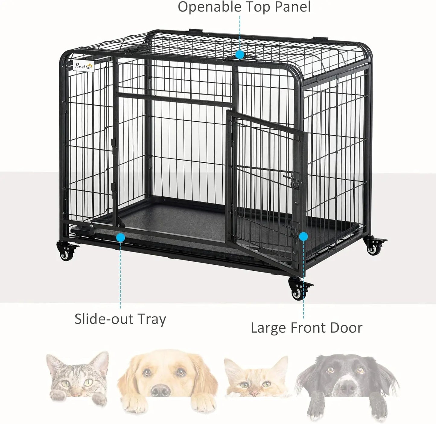 PawHut Folding Design Heavy Duty Metal Dog Cage Crate & Kennel with Removable Tray and Cover, & 4 Locking Wheels, Indoor/Outdoor