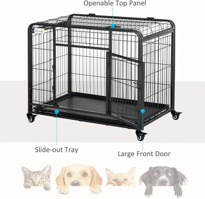 PawHut Folding Design Heavy Duty Metal Dog Cage Crate & Kennel with Removable Tray and Cover, & 4 Locking Wheels, Indoor/Outdoor