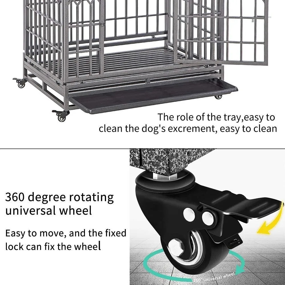 38" Heavy Duty Dog Crate Strong Metal Pet Kennel Playpen with Two Prevent Escape Lock, Large Dogs Cage with Wheels