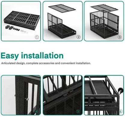 48/38 Inch Heavy Duty Dog Crate Cage Kennel with Wheels, High Indestructible, Sturdy Locks Design,Double Door and Removable Tray