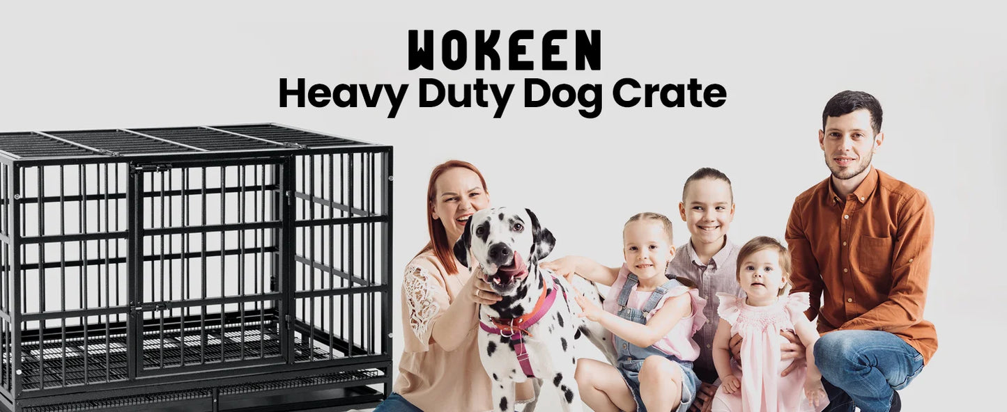 48/38 Inch Heavy Duty Dog Crate Cage Kennel with Wheels, High Indestructible, Sturdy Locks Design,Double Door and Removable Tray