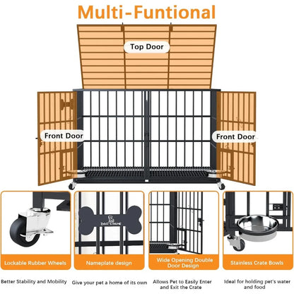 42 Inch Heavy Duty Metal Dog Crate for 2 Large Dog,All Metal Open Top Stackable,Dog Kennel Indoor with Divider and Feeding Bowl