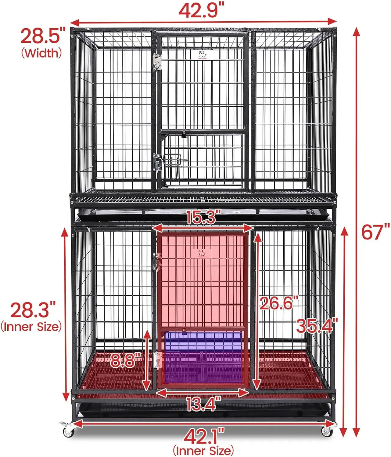 Pet 12 Pack 43" Stackable or Non-Stackable Heavy Duty Cage W/Feeding Door, Casters and Tray 12x Folding Cage easy cleaning