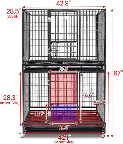 Pet 12 Pack 43" Stackable or Non-Stackable Heavy Duty Cage W/Feeding Door, Casters and Tray 12x Folding Cage easy cleaning