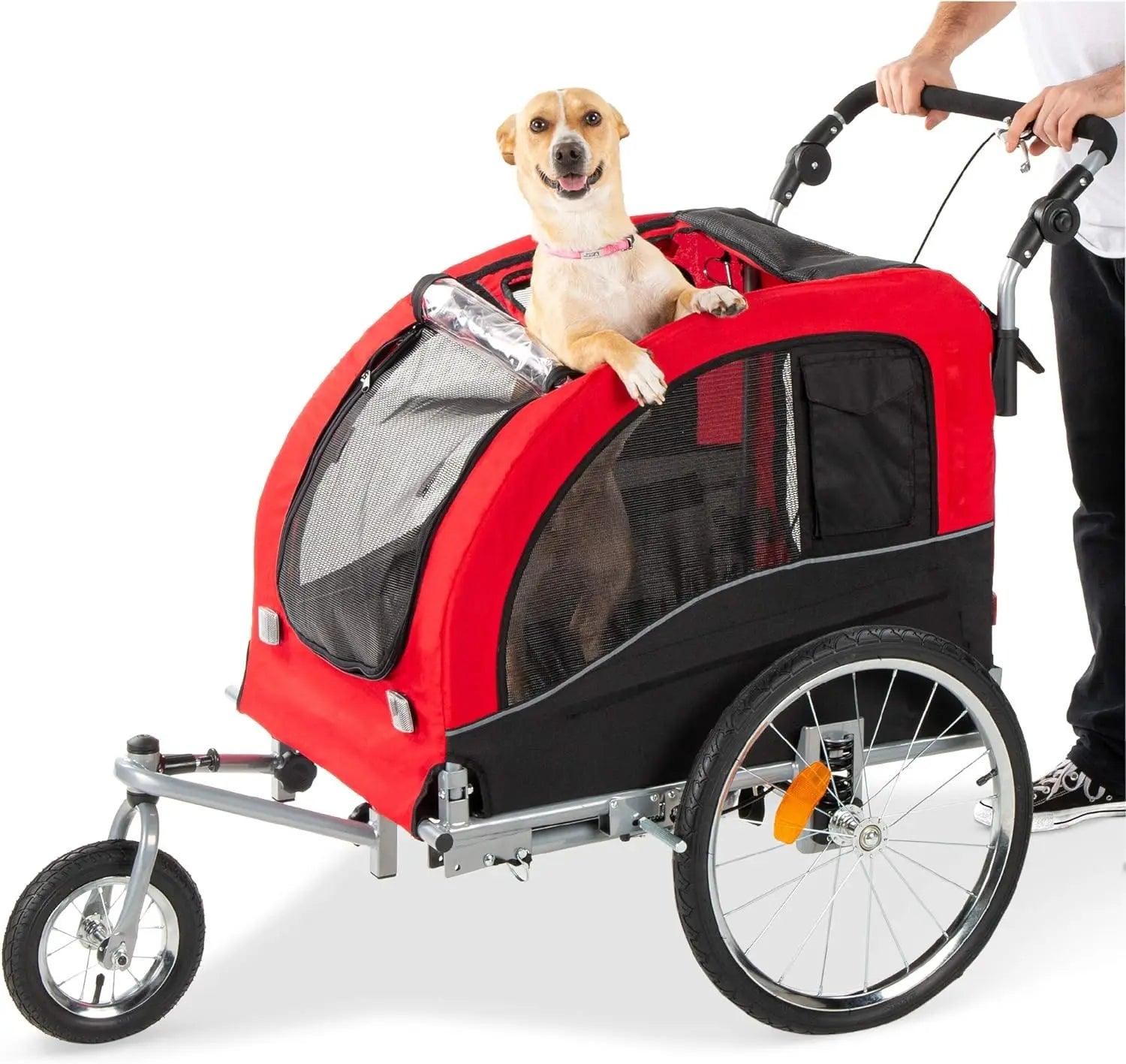 2-in-1 Dog Bike Trailer, Pet Stroller Bicycle Carrier w/Hitch, Suspension, Visibility Flag and Reflectors, 66lb Weight Capacity - Pampered Pets