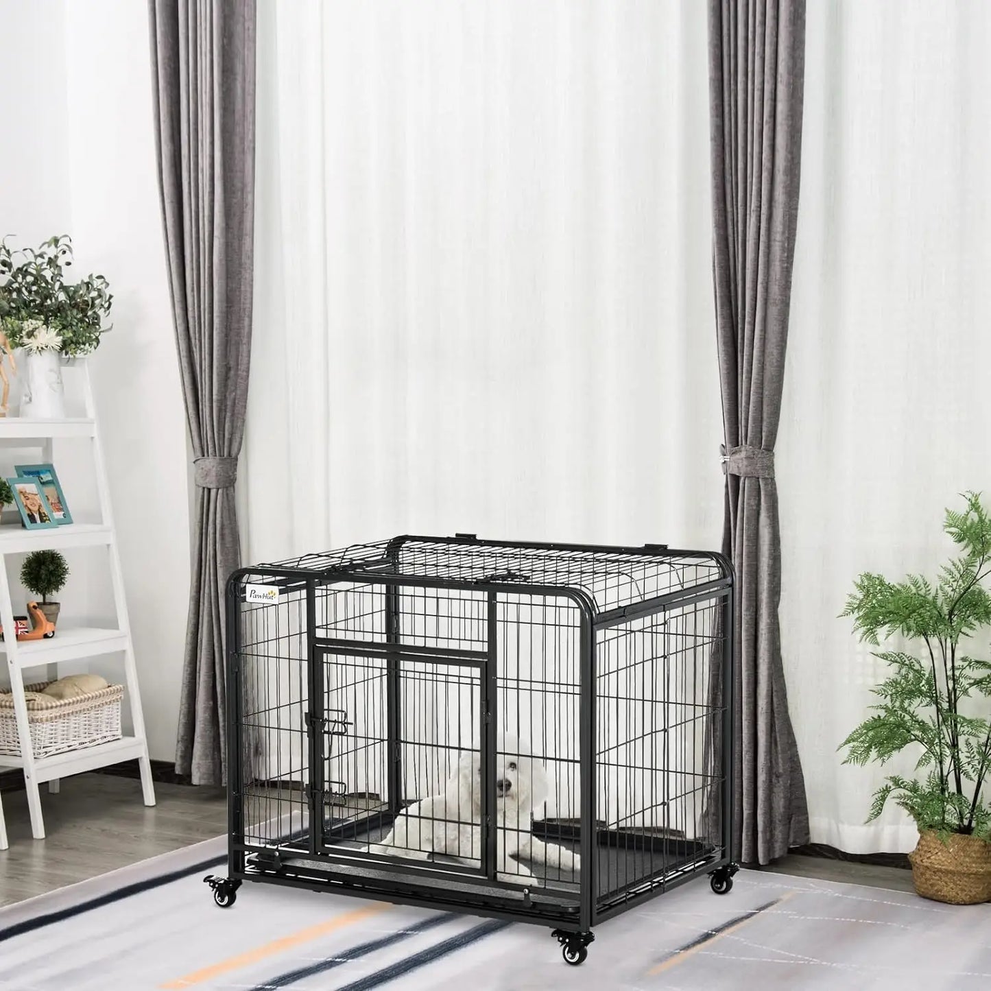 PawHut Folding Design Heavy Duty Metal Dog Cage Crate & Kennel with Removable Tray and Cover, & 4 Locking Wheels, Indoor/Outdoor