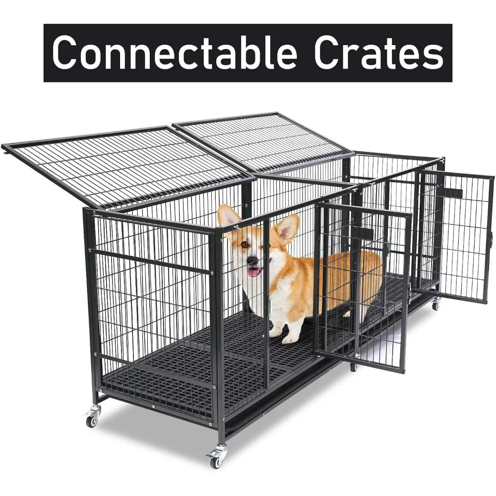 37 inch Stackable Open Top Heavy Duty Dog Crate Cage for Medium Dog with Wheels and Removable Tray