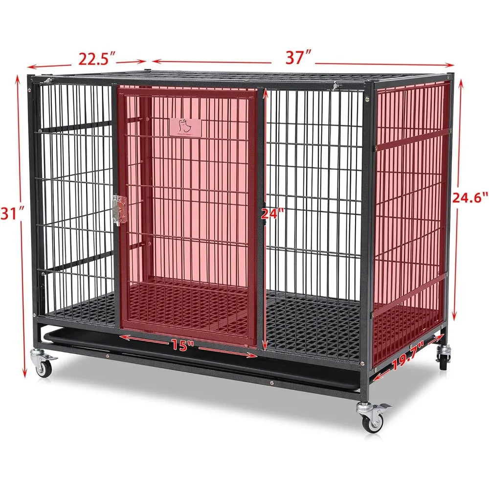 37 Inch Stackable Open Top Heavy Duty Dog Crate Cage for Medium Dog with Wheels and Removable Tray Easy Cleaning