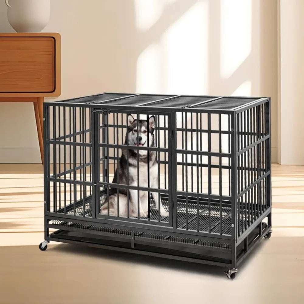 48 inch Heavy Duty Indestructible Dog Crate Steel Escape Proof, Indoor Double Door High Anxiety Cage, Kennel with Wheels