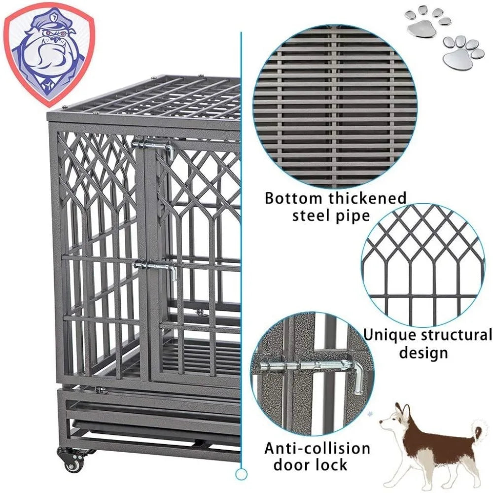 38" Heavy Duty Dog Crate Strong Metal Pet Kennel Playpen with Two Prevent Escape Lock, Large Dogs Cage with Wheels