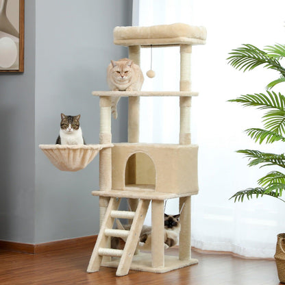 Cat Tree Towel Scratching Sisal Post Multi-Level Pet Climbing Tree with Hammock Bed Cat Ladder Extra Large Perch with Toy Ball - Pampered Pets