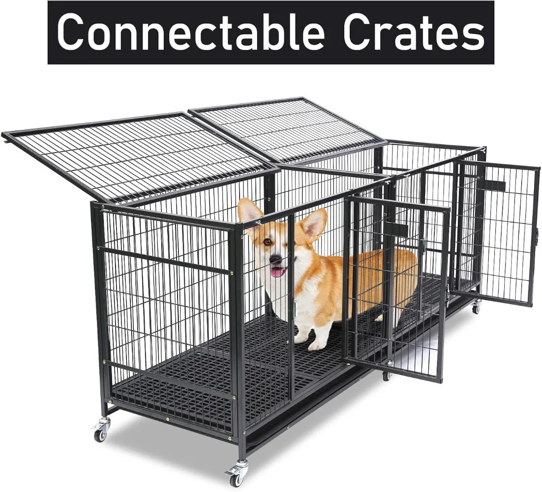 37 Inch Stackable Open Top Heavy Duty Dog Crate Cage for Medium Dog with Wheels and Removable Tray