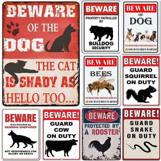 Vintage Warning Metal Aluminum Signs Beware of Dogs Plaque Plate Retro Wall Art Posters for Garden Bar Pub Home Wall Decoration