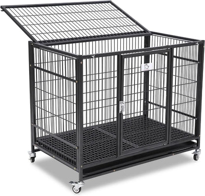 37 Inch Stackable Open Top Heavy Duty Dog Crate Cage for Medium Dog with Wheels and Removable Tray