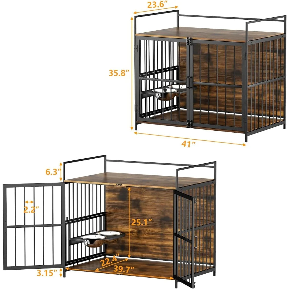 Furniture Style Large Dog Crate with 360° & Adjustable Raised Feeder for Dogs 2 Stainless Steel Bowls -End Table House Pad