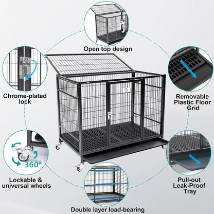 37 Inch Stackable Open Top Heavy Duty Dog Crate Cage for Medium Dog with Wheels and Removable Tray