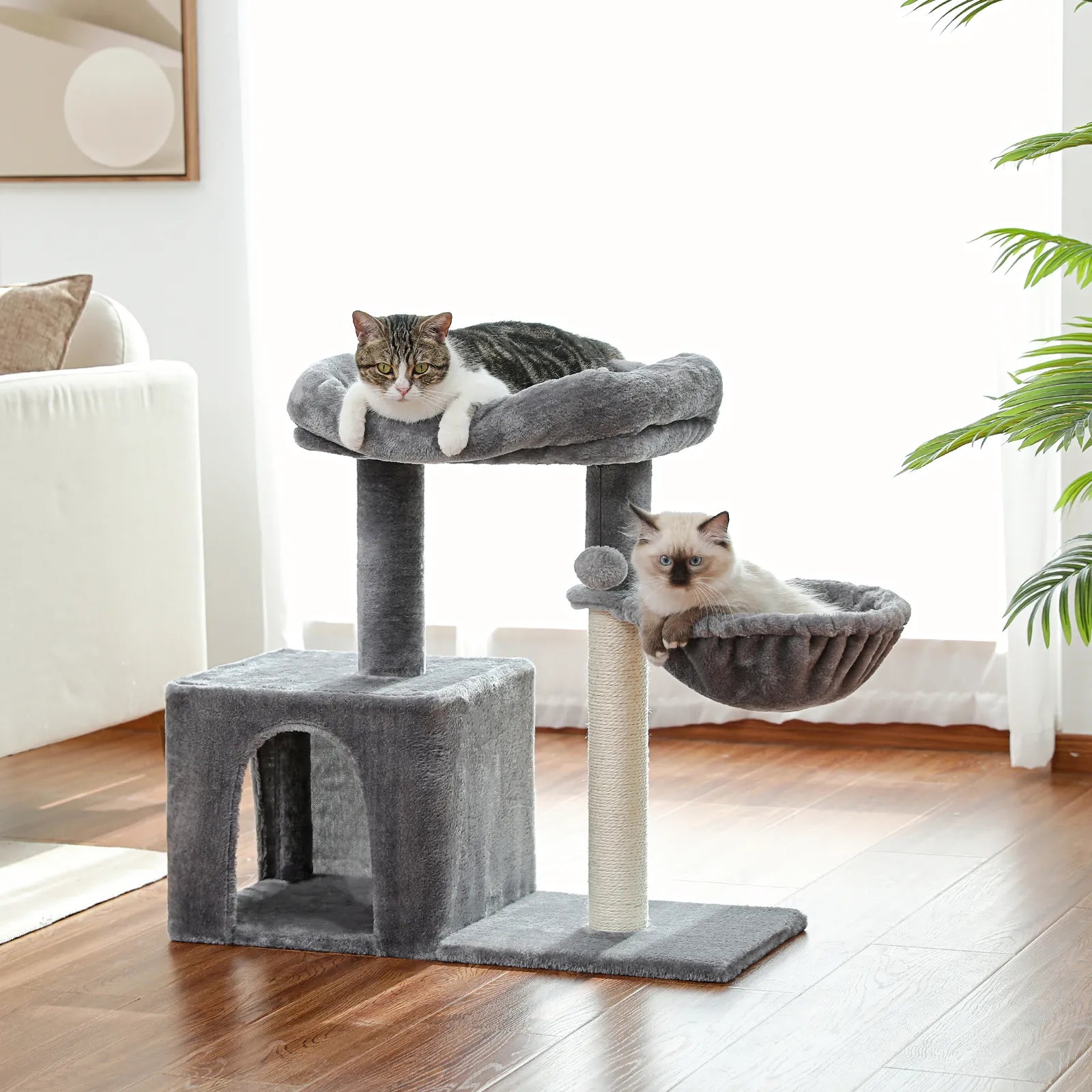 H228cm Cat Tree Toy Condo Cat Climbing Tower Multi-layer With Hammock Tower House Furniture Scratching Solid Wood Post for Kitty - Pampered Pets