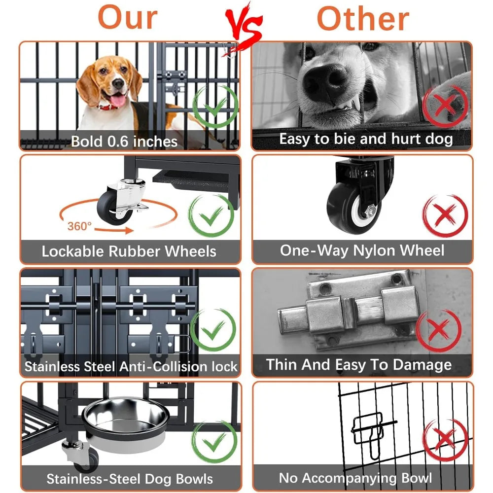 42 Inch Heavy Duty Metal Dog Crate for 2 Large Dog,All Metal Open Top Stackable,Dog Kennel Indoor with Divider and Feeding Bowl